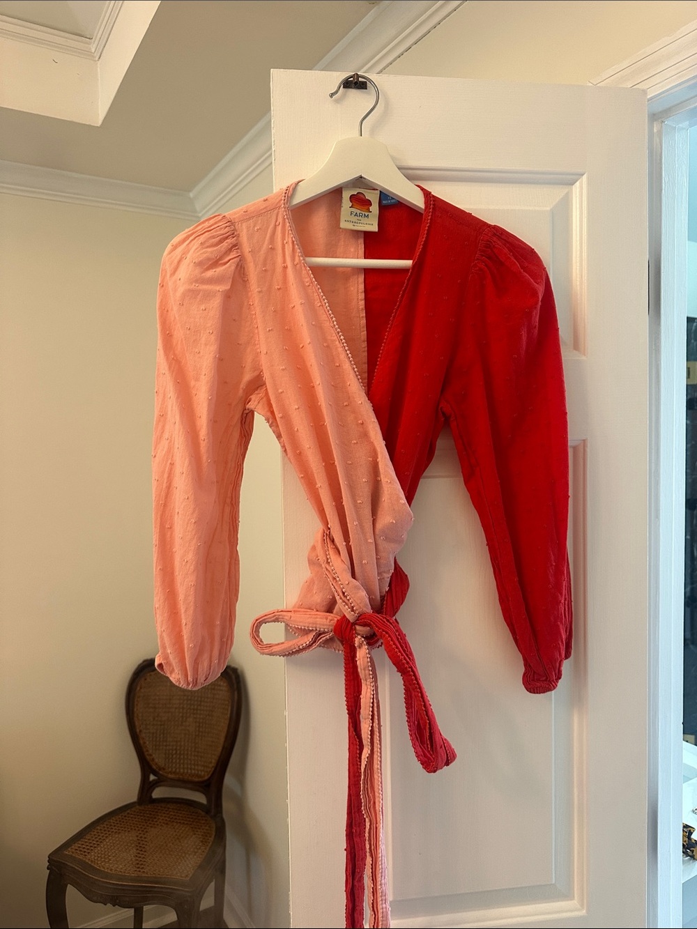 Farm Rio for Anthropologie Two-Tone Pink and Red Wrap Top